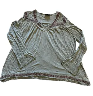 POL Women’s Sage Green Lace Trim Bell Sleeve Peasant Top | Medium thumbnail 1