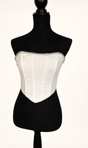 Boutique White Strapless Corset Top with Rhinestone Trim thumbnail 1