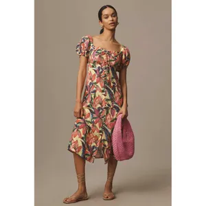 Farm Rio for Anthropologie Tropical Floral Smocked Linen Midi Dress XS thumbnail 3