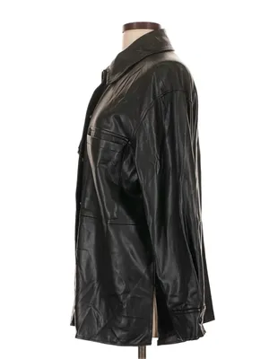 MANGO MNG Black Faux Leather Oversized Shacket Button Up Jacket Size L thumbnail 4
