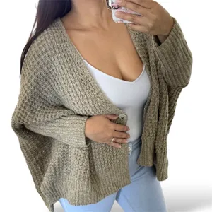 Free People Chunky Knit Oversized Cardigan Taupe Wool Angora Batwing Sweater L thumbnail 1