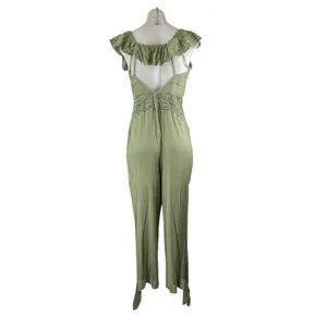 Free People In The Moment Green Floral Embroidered Off The Shoulder Jumpsuit 2 thumbnail 3