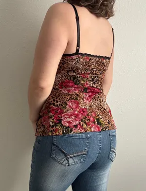 No Boundaries Vintage Y2K Brown Pink Leopard Rose Corset Style Mesh Babydoll Cami Tank Top thumbnail 2