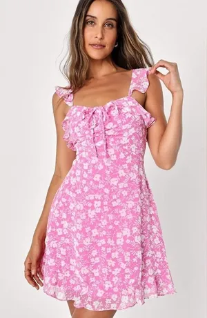 Lulus Pink Floral Ruffle Mini Dress Sleeveless Tie Front Chiffon Size M NEW thumbnail 1