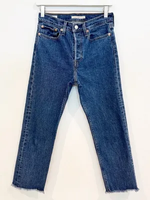 Levis Wedgie Jeans Size 27 Blue Dark Wash Frayed Raw Hem Button Fly Downtown Gir thumbnail 1