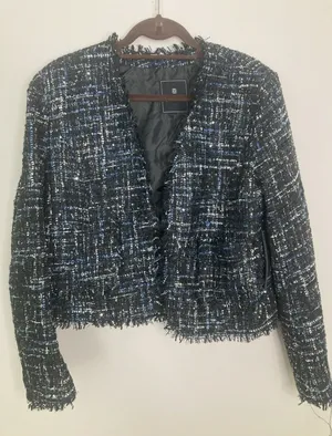 Bagatelle collection Women’s Tweed Blazer New L Blue Black Fringe Pockets thumbnail 1