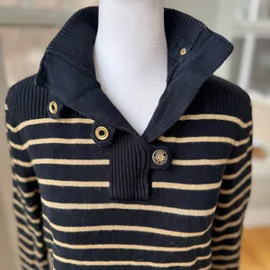 Lauren Ralph Lauren Black Gold Striped Mockneck Cotton Sweater Metallic Medium thumbnail 5