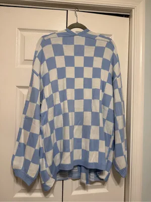SHEIN Checkered Pattern Drop Shoulder Cardigan Sweater Blue & White Size XL thumbnail 3