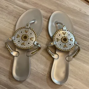 Jack Rogers Georgica Jelly‎ Sandals Silver Gold Whipstitch Studded Thong Size 9 thumbnail 1