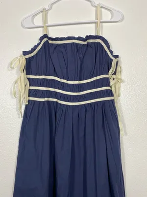 Navy Midi Dress with White Trim and Spaghetti Straps Size L 100% Cotton thumbnail 4