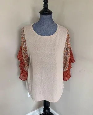 Umgee Mixed Media Mixed Pattern Flowy Half Sleeve T-Shirt Women’s Medium thumbnail 1