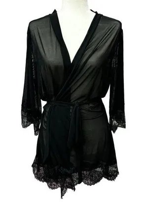 Shirley Of Hollywood Robe Black Mesh & Lace Size L thumbnail 1
