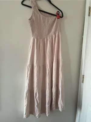 Blush Pink One Shoulder Midi Dress Medium Smocked Tiered Romantic Summer Wedding thumbnail 5