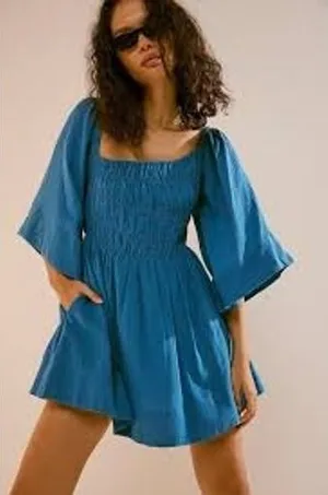 Free People Mini‎ Dress Women Small Blue Oasis Mini Smocked Bell Sleeve Pockets thumbnail 1