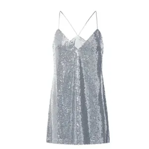 Delilaah Mini Dress Strappy V Neck Slip Sequin Dress In Silver Size 10 Nwt thumbnail 2