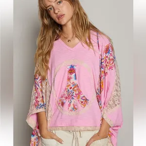 NEW POL Pink Blush Oversized Peace Sign Floral Mixed Media V-Neck Hoodie Top S thumbnail 2