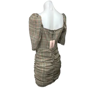NEW Missguided Brown Checkered Plaid Puff Sleeve Ruched Mini Bodycon Dress Sz 4 thumbnail 2