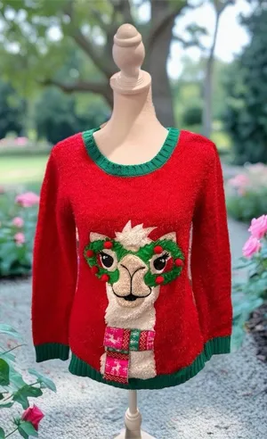 It's Our Time Ugly Christmas Sweater Womens L Red Llama Pom Pom Pullover thumbnail 1