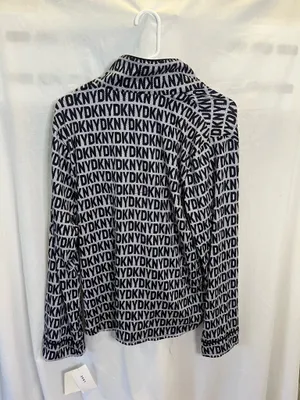 DKNY black & white logo print blouse with repeating DKNY text pattern, size M two piece pj set #designer #workwear. #168 thumbnail 2