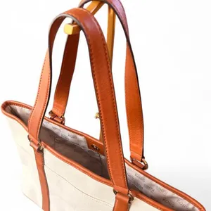 Michael Kors Jet Set Ivory Canvas Brown Leather Trim Tote Bag MK Charm thumbnail 3