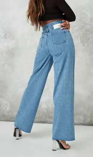 Missguided blue double waistband wide straight leg jeans thumbnail 2