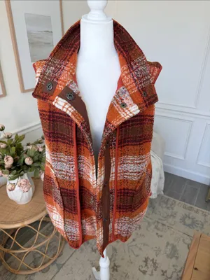 Free People Wrapped Up Blanket Vest Orange Plaid Wool Blend S thumbnail 5
