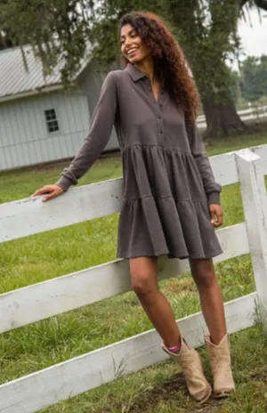 Natural Life Sylvan Sweatshirt Dress Charcoal Tiered Button Down Long Sleeve L thumbnail 1
