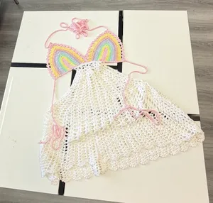 Love Tease ✨ Love Sense Crochet Rainbow Halter Mini Dress Cover Up S/M Pastel Festival Boho ✨ thumbnail 4