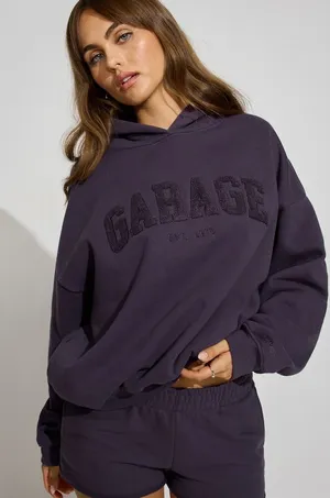 NWOT Garage Ultrafleece oversized Hoodie in plum with Chenille logo size s/m thumbnail 1