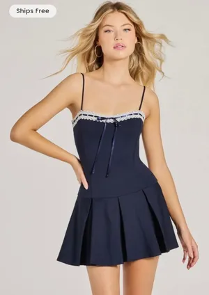 Windsor Navy and White Lace Pleated Mini Dresss thumbnail 1