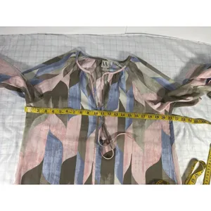Chico's Worthington Women Medium Blouse Top Long Sleeve Tie Neck Abstract Pink Blue Tap thumbnail 5