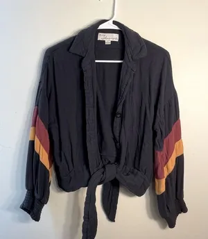 Vintage‎ Havana Sweater Jacket Dark Navy Blue Striped Sleeves Draped Tie Soft thumbnail 1