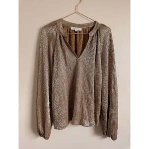 Loft Blouse Size S Gold‎ Pleated Metallic V-Neck Balloon Sleeve Shimmer NYE thumbnail 3