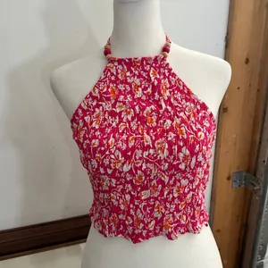 Zara Pink Floral Smocked Halter Crop Top Beaded Neck Tie Back XS thumbnail 2