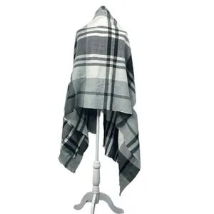 Shawl Vest with arm holes pockets Window Pane plaid oversized black gray white thumbnail 2