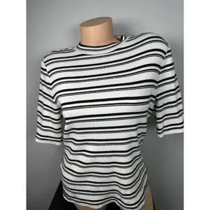 Maeve‎ Anthropologie Medium Womens Top Stretch Black White Short Sleeve Striped thumbnail 11