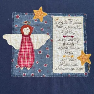 Vintage Valories Folk Art Applique Blue Shirt Angel Rules Hearts L USA 80s 90s thumbnail 2