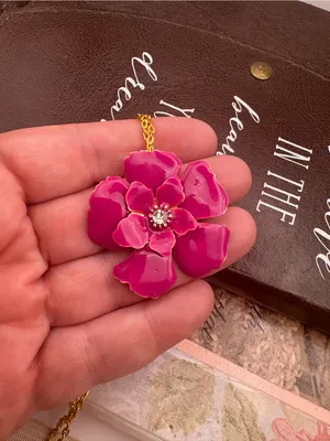 Handmade Pink Enamel Flower Necklace Gold Tone Vintage Y2K Pendant 18” thumbnail 6