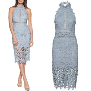 Bardot Gemma Halter Neck Guipure Lace Midi Dress In Dusty Blue Womens 8/M New thumbnail 2