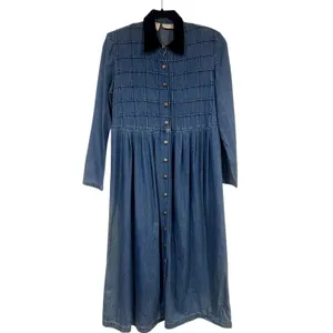 Vintage 90s Karin Stevens Denim Maxi Dress Velvet Collar Button Front 6P thumbnail 2