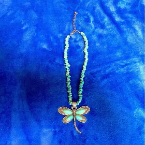 Boho Retro Inspired Dragonfly Vibrant Blue Hue Genuine Turquoise Accent Necklace thumbnail 6