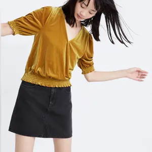 Madewell Velvet Smocked Crossover Wrap-Style Top Blouse in‎ Antique Gold Size XL thumbnail 1
