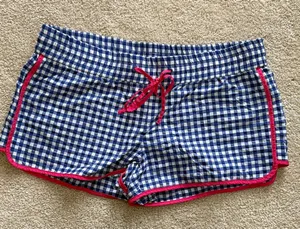 Vineyard Vines Blue and White Checkered Women's Beach Shorts with pink Trim thumbnail 1