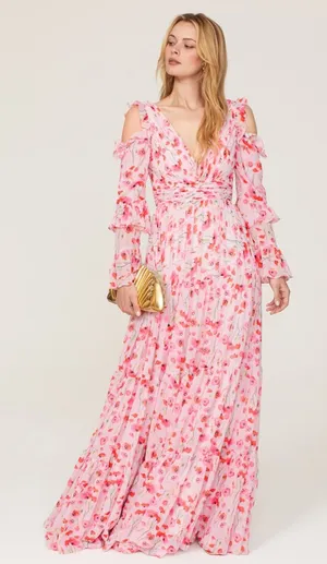 Mac Duggal Floral Ruffle Poppy Gown Women’s Pink Maxi Dress Flutter Formal 6 thumbnail 1
