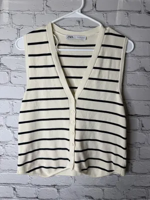 ZARA Cream & Black Striped Knit Button Front Vest size large thumbnail 4