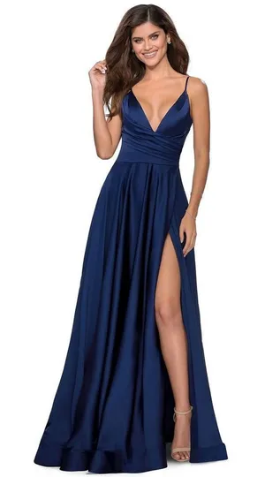 La Femme blue satin v neck ruched bodice ball gown style 28607 thumbnail 1