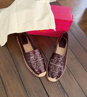 Tory Burch Burgundy Croc-Embossed Logo Espadrilles thumbnail 1
