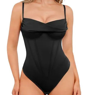NWT Popilush Black Corset Cowl Neck Thong Bodysuit Shapewear –‎ Small thumbnail 1