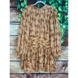 Anthropologie Ella Dress Sz 14 Floral Mini Tiered Ruffle Balloon Sleeve Gold thumbnail 4