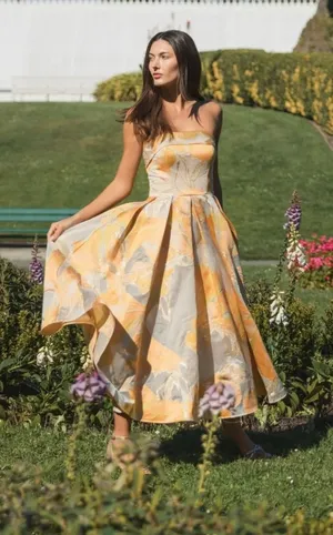 Mac Duggal 20724 Beige and Orange Strapless Brocade Midi Dress with Pockets sz 6 thumbnail 1